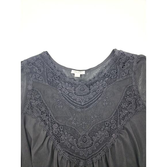 Ultra Pink Black Sheer Lace Boho Blouse | Bell Sleeve Romantic Top | Size L - Picture 6 of 6